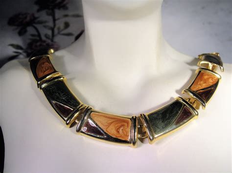 Jewelry Set - Retro Enamel Jewelry Set - Green Burgundy and Gold Choker/Necklace & Clip On ...