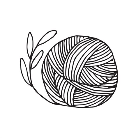 vector illustration line art. a ball of wool for knitting and plant leaves. symbol of ...