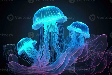 Medusa Jellyfish with glowing illumination light under the deep sea in ...