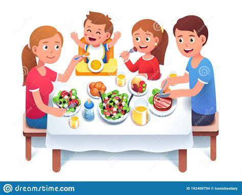 Father, Mother, Kids Having Family Dinner or Lunch Stock Vector - Illustration of little, drink ...