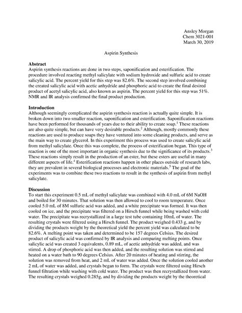 Synthesis Of Aspirin Lab Report Abstract 25+ Pages Summary [810kb ...