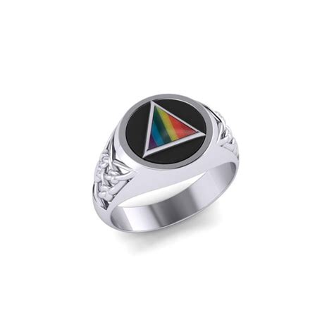 Celtic AA Recovery Symbol Silver Ring with Rainbow Inlaid Gemstone ...