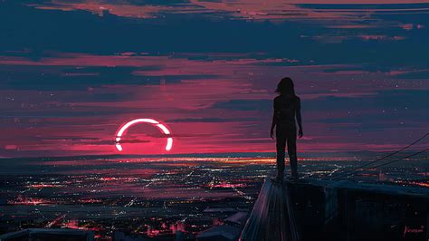 HD wallpaper: city lights, illustration, sunset, City Map, sky, Aenami, one person | Wallpaper Flare