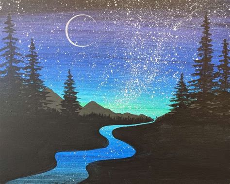 an acrylic painting of a night sky with stars and the moon over a river