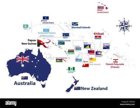 Australia and Oceania region vector high detailed map with countries names and national flags ...