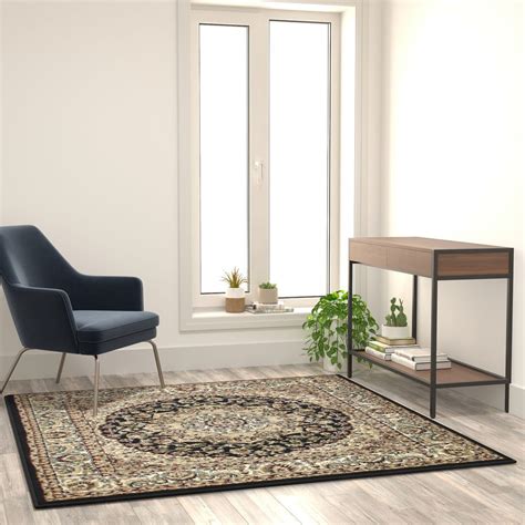 Flash Furniture Mersin Collection Persian Style 5x5 Black Octagon Area Rug-Olefin Rug with Jute ...