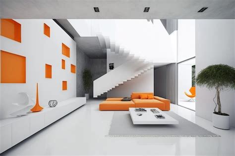 Premium AI Image | The living area has white walls a leather orange couch and minimal furniture