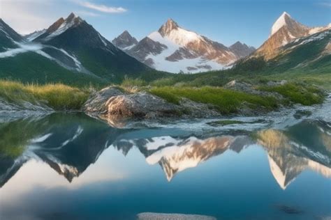 Premium AI Image | Wallpaper Desktop Mountain Range Reflected In Calm Water Generating Stream