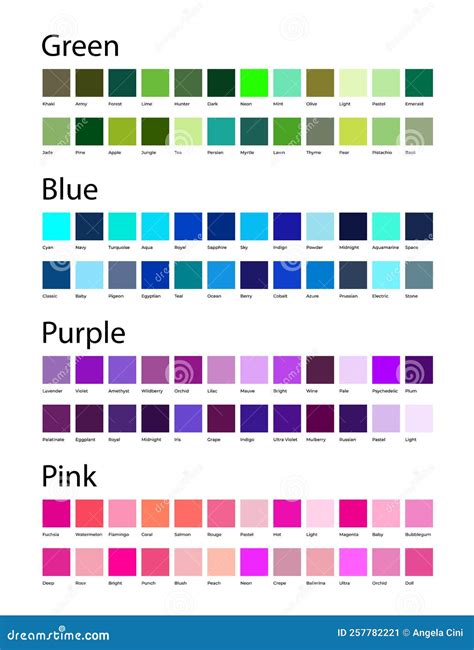 Green, Blue, Purple and Pink Colors Shades Swatches Palette with Color Names Stock Vector ...