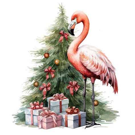 Premium AI Image | a pink flamingo standing next to a christmas tree with presents.