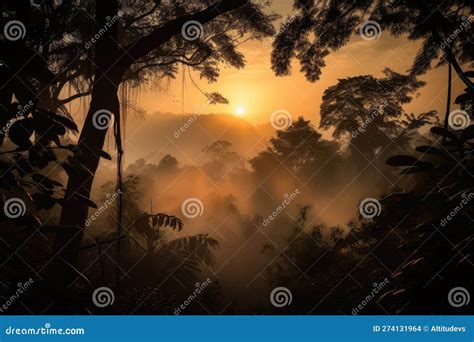 Smoky Jungle, with View of the Sunset and the Silhouette of Trees Stock Illustration ...