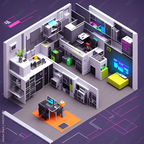 Isometric image of interior office produced with cyberpunk style. The ...