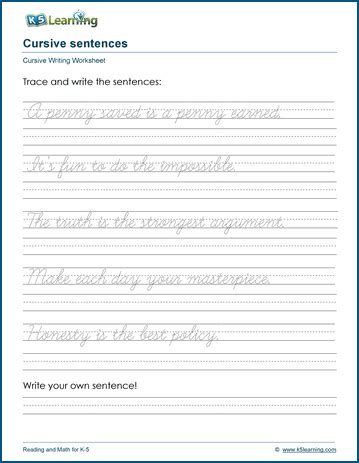 cursive writing worksheet sentences