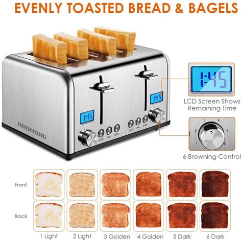 REDMOND 4 Slice Toaster, Countdown Stainless Steel Toaster with Bagel, Defrost, Cancel Function ...