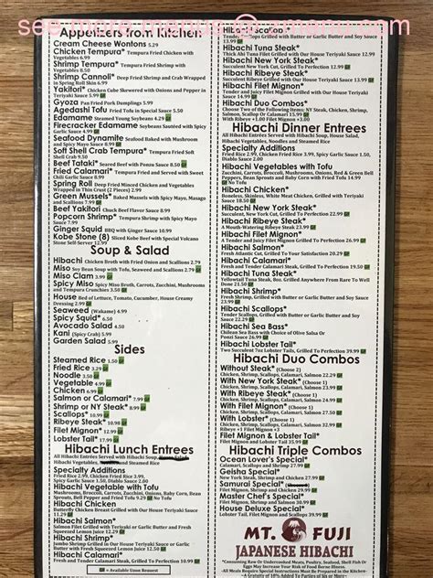 Menu at Mt Fuji Hibachi restaurant, Westminster