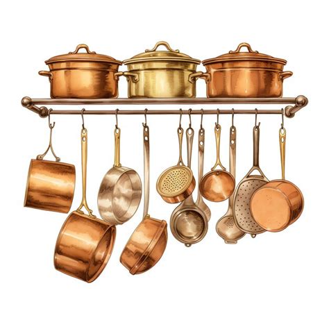 Premium AI Image | beautiful Copper pots and pans hanging in the kitchen Rustic cottagecore ...