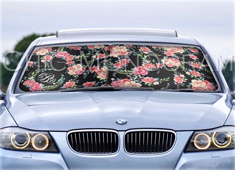 Custom Car Sun Shade Classy Black Floral Monogrammed Sunshades