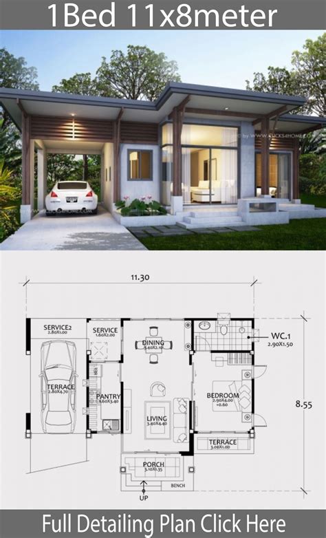 Home design plan 11x8m with One Bedroom - Home Ideas | Bungalow house plans, Modern bungalow ...