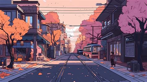 An Anime Styled Illustration Of An Autumn Street With Vehicles Background, Aesthetic Cartoon ...