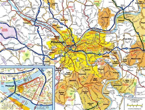 Road map of Pittsburgh Pennsylvania USA street area detailed free highway large