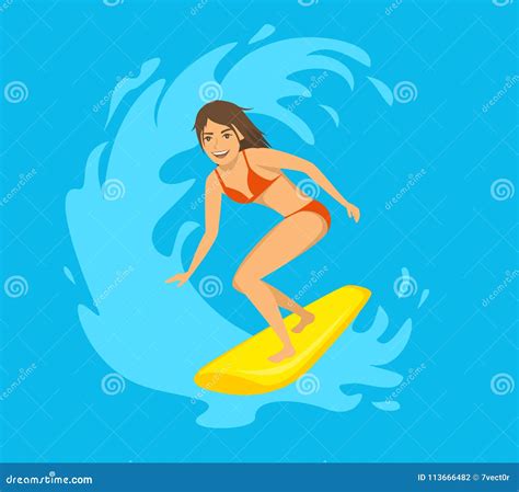 Female Surfer, Girl Riding a Wave Cartoon Vector Stock Vector - Illustration of graphic ...