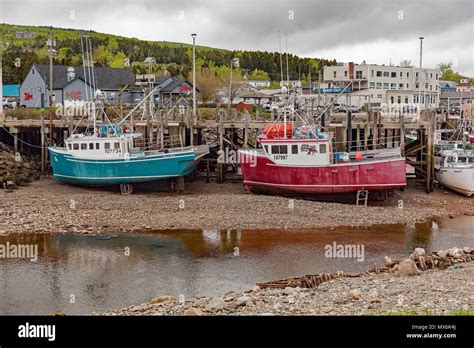 Alma, New Brunswick lobster fishing boats in harbour at low tide in the Bay of Fundy Stock Photo ...