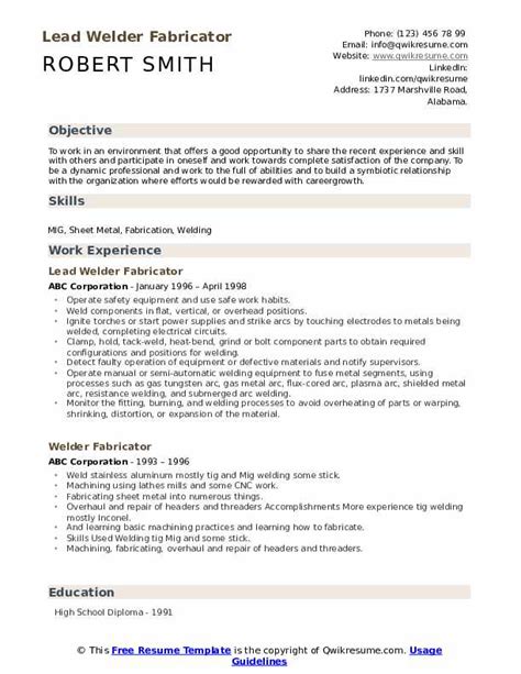 Welder Fabricator Resume Samples | QwikResume