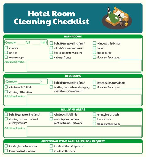 the hotel room cleaning checklist is shown in green and white, with an ...