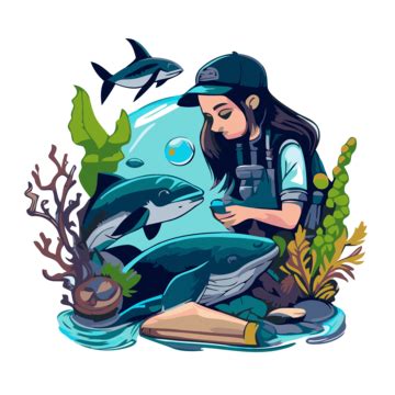 Marine Biologist Vector, Sticker Clipart Man In A Backpack And Glasses Surrounded By Fish And ...