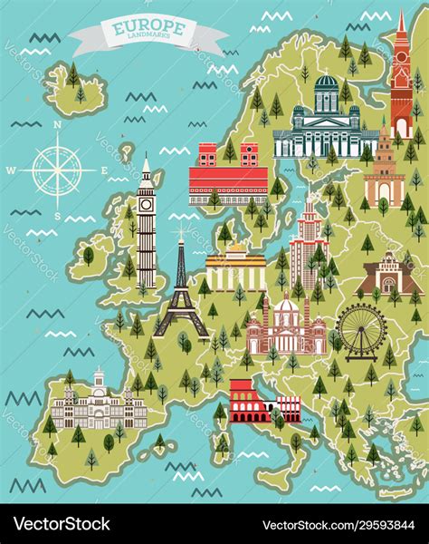 Europe map with famous landmarks Royalty Free Vector Image