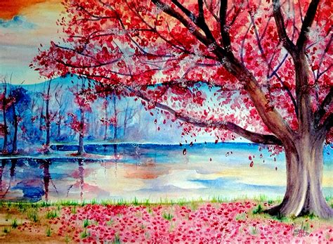 Cherry Blossom Tree Watercolor Painting