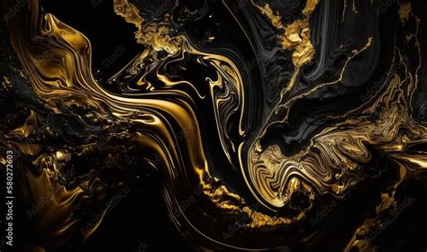 a black and gold abstract background with swirls and curves in the center of the image and a ...