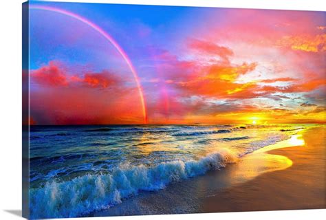 Pink Sunset Beach With Rainbow And Ocean Waves Wall Art, Canvas Prints ...