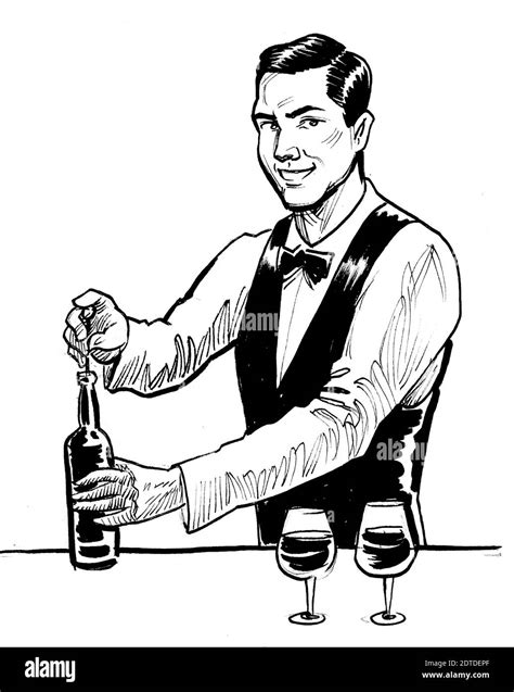 Bartender opening a bottle of wine. Ink black and white drawing Stock Photo - Alamy