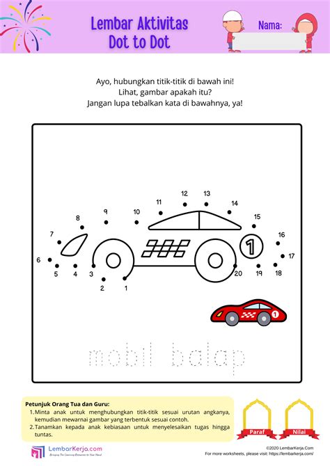 Dot to Dot: Mobil Balap - LembarKerja.Com