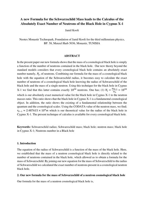 (PDF) A new Formula for the Schwarzschild Mass leads to the Calculus of the Absolutely Exact ...