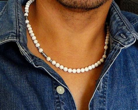 Mens Necklace White Magnesite Stone Necklace for Men Mens