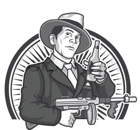 Vector Illustration of Retro Mobster Carrying Tommy Gun and Glass of Beer for Logo Icon Graphics ...