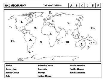 Mad Geography Continents and Oceans Blank Map Tests Geography Activities, Teaching Geography ...