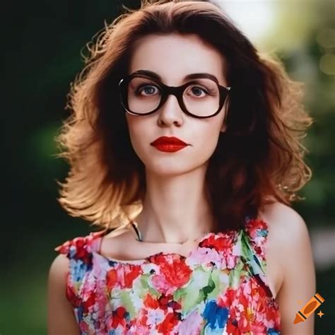 Woman in a colorful floral dress and glasses on Craiyon