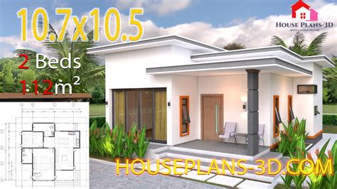 House Plans 10.7x10.5 with 2 Bedrooms Flat roof - SamPhoas Plan