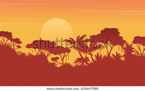 Silhouette Jungle Sunrise Scenery Stock Vector (Royalty Free) 626647088 | Shutterstock