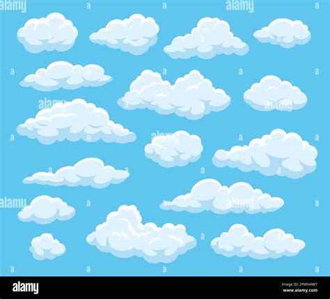 Cartoon clouds. Blue cloudy sky with white floating fluffy cloud shapes ...