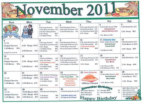 Retirement & Life Care Journal: November Assisted Living/Indpependent Living Activities Calendar