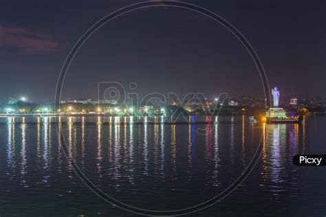 Image of Night View of Buddha Statue in Hussain Sagar-QU919159-Picxy