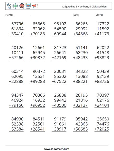 (25) adding 3 numbers, 5-digit addition Math Worksheets, Math Practice for Kids.