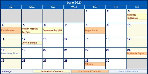 June 2023 Australia Calendar with Holidays for printing (image format)