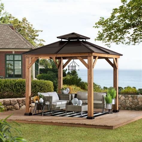 Sunjoy Missouri Collection 8 ft. x 8 ft. Cedar Framed Gazebo with Brown Steel 2-tier Hip Roof ...