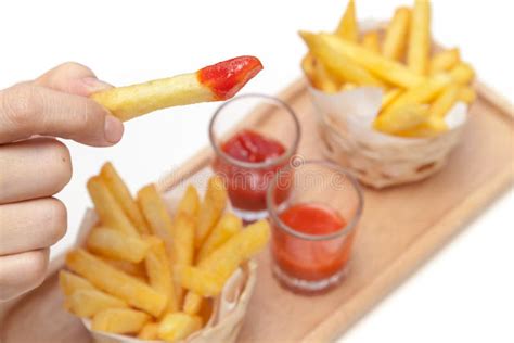 Eating French Fries Dipping with Ketchup and Chili Sauce Stock Image - Image of eating, white ...