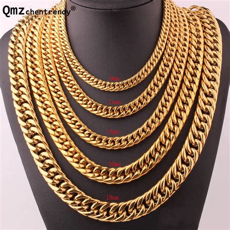 Hip Hop Mens Titanium Stainless Steel Cuban cubra Gold Chain Necklace Rapper Chunky Top Quality ...